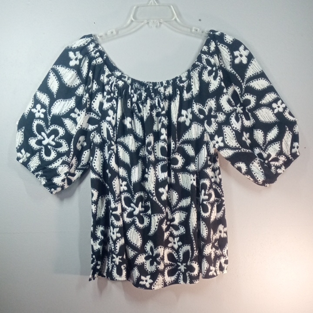 Fred David Black and White Floral Peasant Blouse